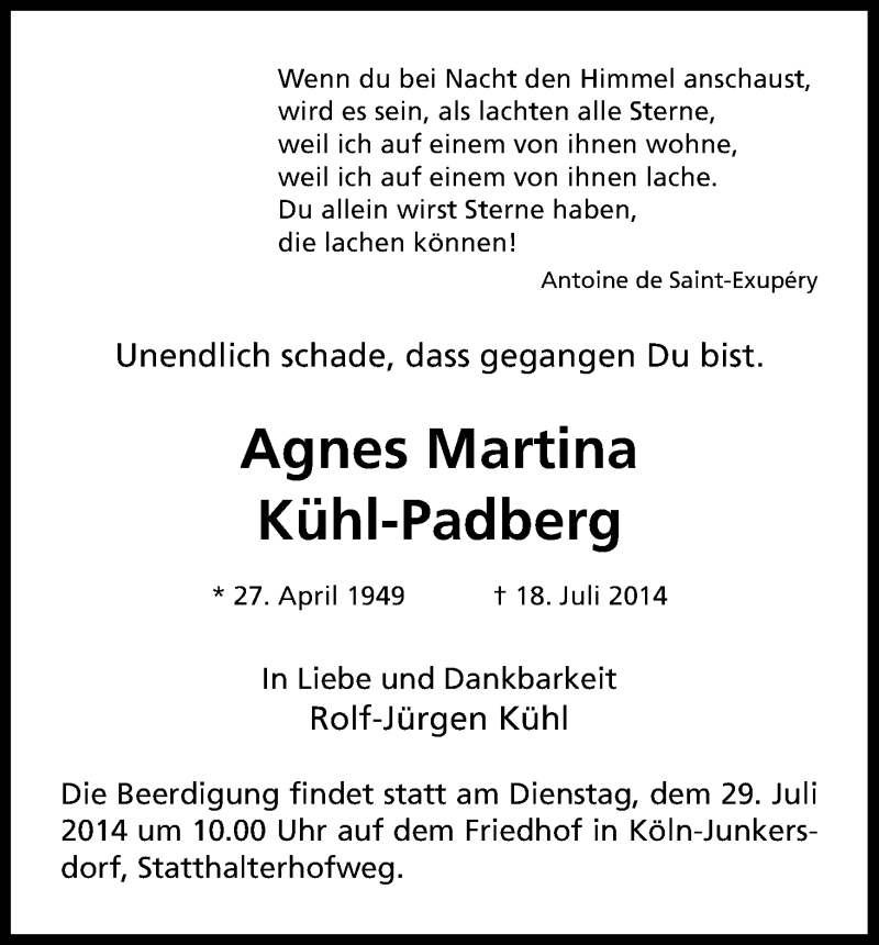  Traueranzeige für Agnes Martina Kühl-Padberg vom 26.07.2014 aus Kölner Stadt-Anzeiger / Kölnische Rundschau / Express