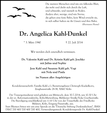 Anzeige von Angelica  Kahl-Dunkel von Kölner Stadt-Anzeiger / Kölnische Rundschau / Express