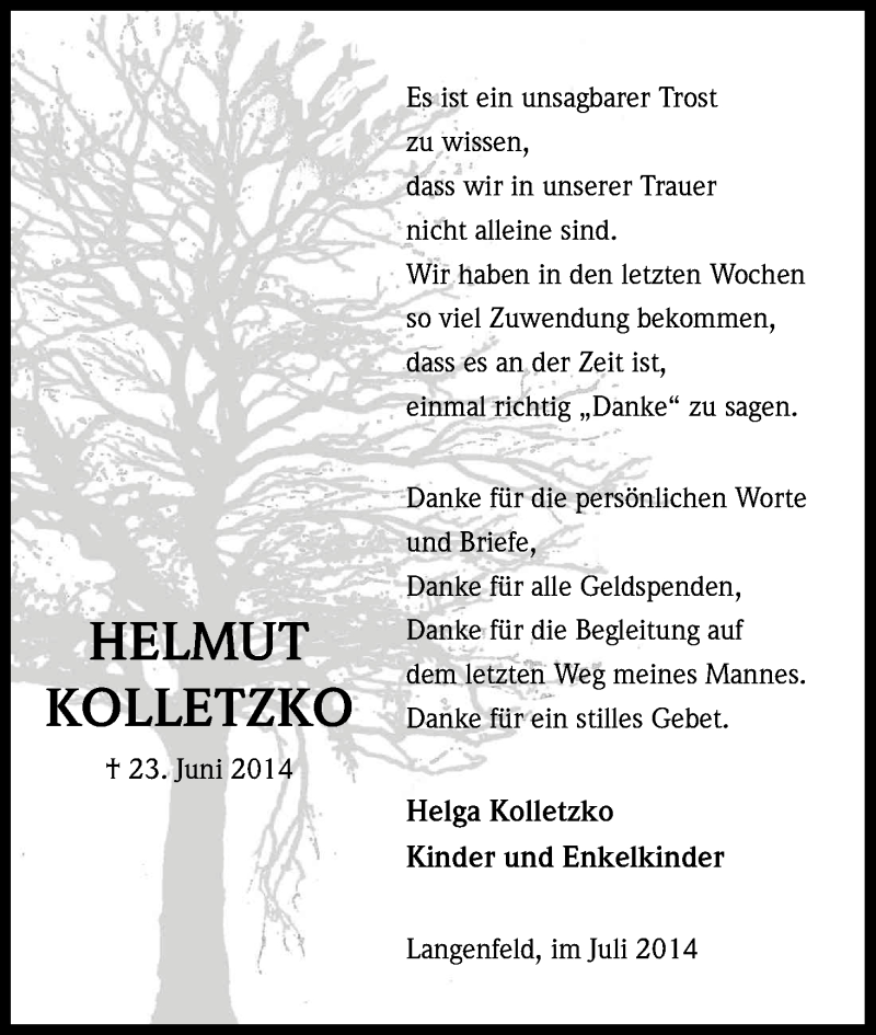  Traueranzeige für Helmut Kolletzko vom 26.07.2014 aus Kölner Stadt-Anzeiger / Kölnische Rundschau / Express