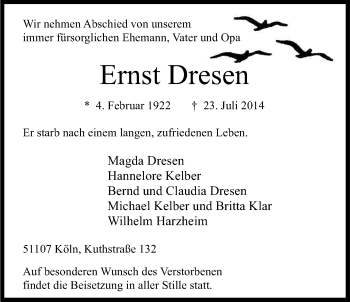 Anzeige von Ernst Dresen von Kölner Stadt-Anzeiger / Kölnische Rundschau / Express