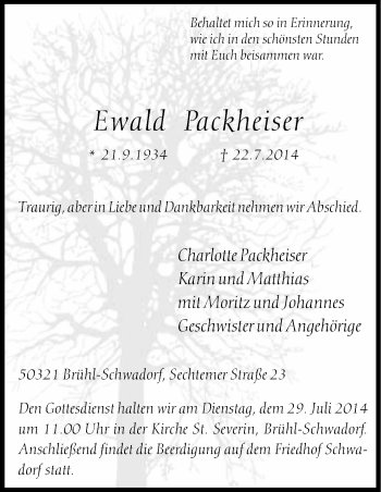 Anzeige von Ewald Packheiser von Kölner Stadt-Anzeiger / Kölnische Rundschau / Express