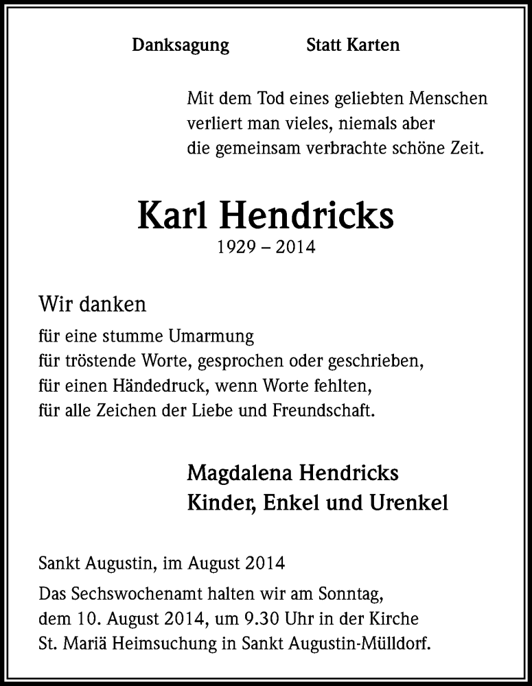  Traueranzeige für Karl Hendricks vom 02.08.2014 aus Kölner Stadt-Anzeiger / Kölnische Rundschau / Express