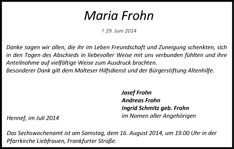  Traueranzeige für Maria Frohn vom 26.07.2014 aus Kölner Stadt-Anzeiger / Kölnische Rundschau / Express