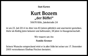 Anzeige von Kurt Bozem von Kölner Stadt-Anzeiger / Kölnische Rundschau / Express
