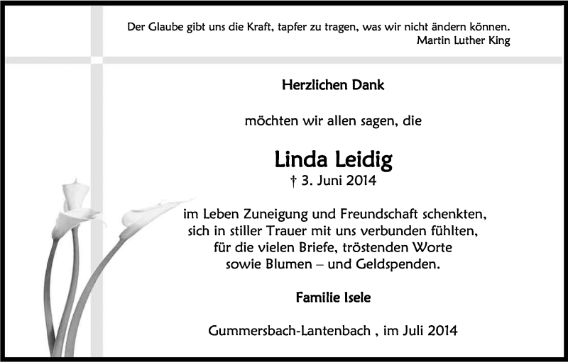  Traueranzeige für Linda Leidig vom 25.07.2014 aus Kölner Stadt-Anzeiger / Kölnische Rundschau / Express