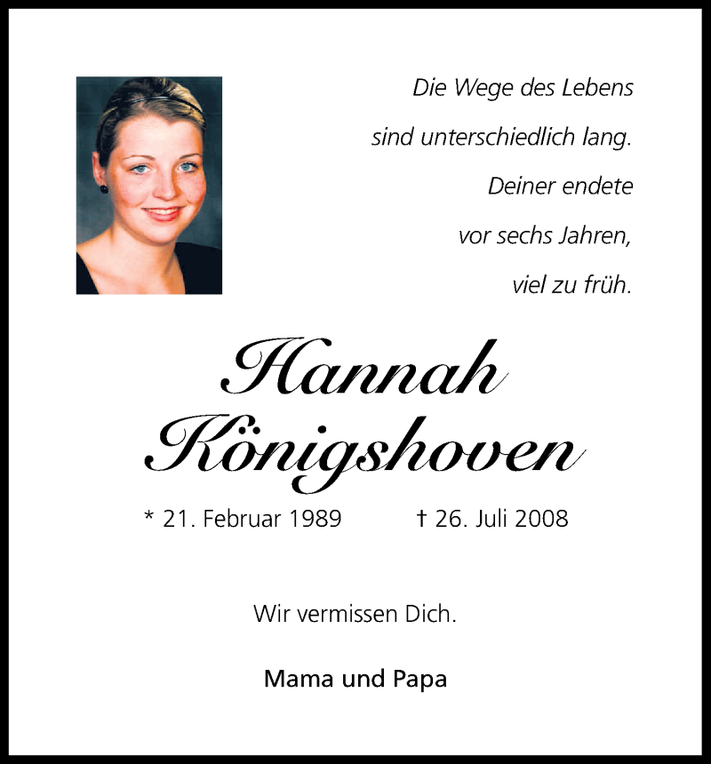  Traueranzeige für Hannah Königshoven vom 26.07.2014 aus Kölner Stadt-Anzeiger / Kölnische Rundschau / Express
