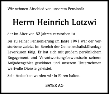 Anzeige von Heinrich Lotzwi von Kölner Stadt-Anzeiger / Kölnische Rundschau / Express