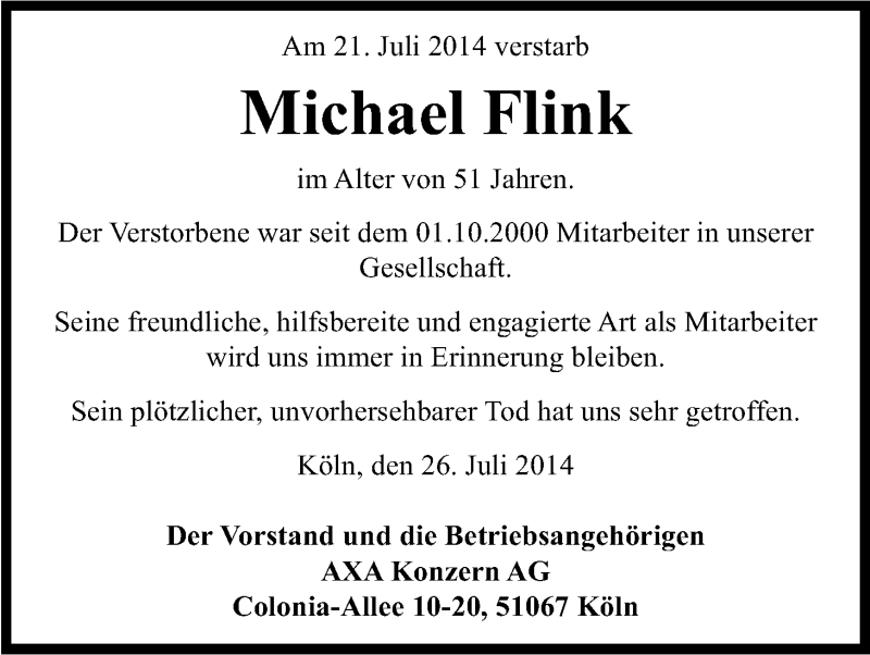  Traueranzeige für Michael Flink vom 26.07.2014 aus Kölner Stadt-Anzeiger / Kölnische Rundschau / Express