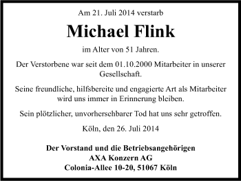 Anzeige von Michael Flink von Kölner Stadt-Anzeiger / Kölnische Rundschau / Express