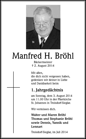 Anzeige von Manfred H Bröhl von Kölner Stadt-Anzeiger / Kölnische Rundschau / Express