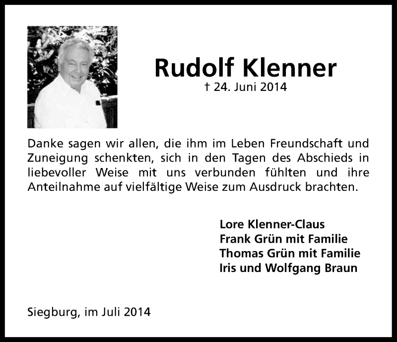  Traueranzeige für Rudolf Klenner vom 26.07.2014 aus Kölner Stadt-Anzeiger / Kölnische Rundschau / Express