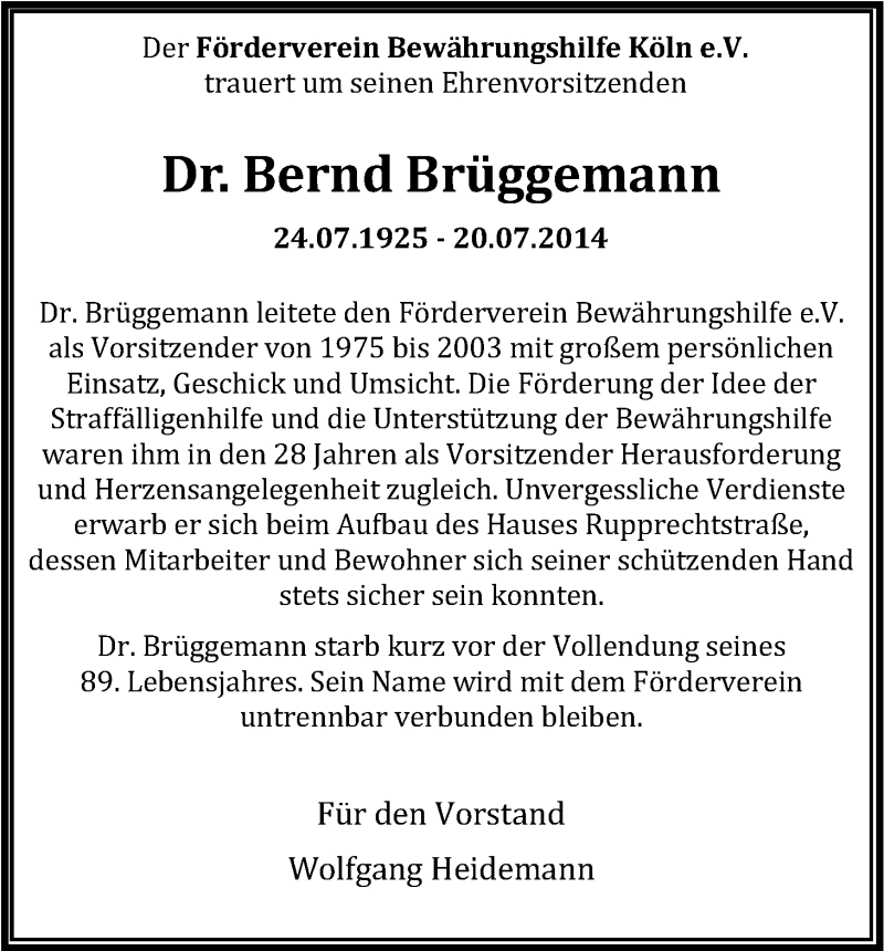 Traueranzeige für Bernd Brüggemann vom 26.07.2014 aus Kölner Stadt-Anzeiger / Kölnische Rundschau / Express