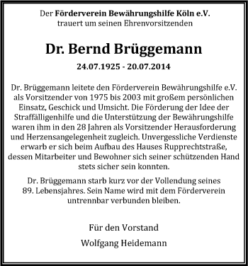 Anzeige von Bernd Brüggemann von Kölner Stadt-Anzeiger / Kölnische Rundschau / Express