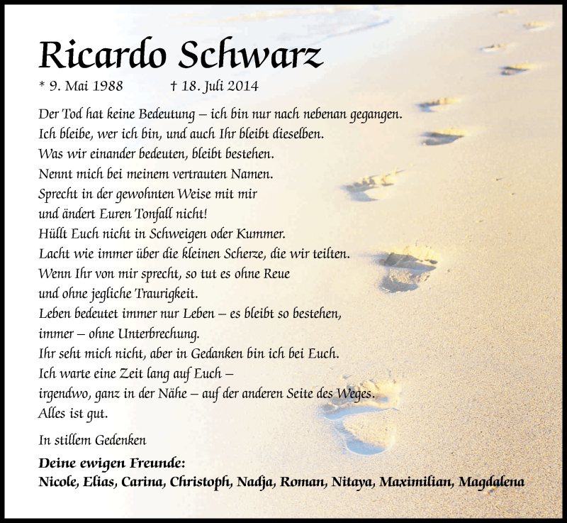  Traueranzeige für Ricardo Schwarz vom 29.07.2014 aus Kölner Stadt-Anzeiger / Kölnische Rundschau / Express