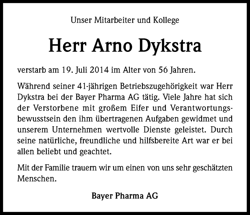  Traueranzeige für Arno Dykstra vom 26.07.2014 aus Kölner Stadt-Anzeiger / Kölnische Rundschau / Express