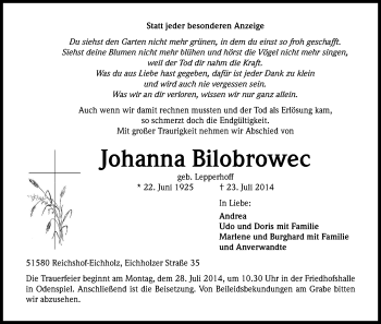 Anzeige von Johanna Bilobrowec von Kölner Stadt-Anzeiger / Kölnische Rundschau / Express
