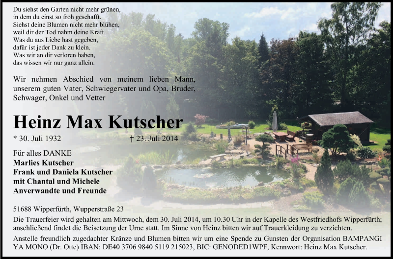  Traueranzeige für Heinz Max Kutscher vom 26.07.2014 aus Kölner Stadt-Anzeiger / Kölnische Rundschau / Express