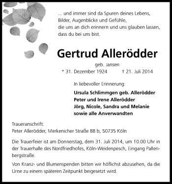 Anzeige von Gertrud Allerödder von Kölner Stadt-Anzeiger / Kölnische Rundschau / Express