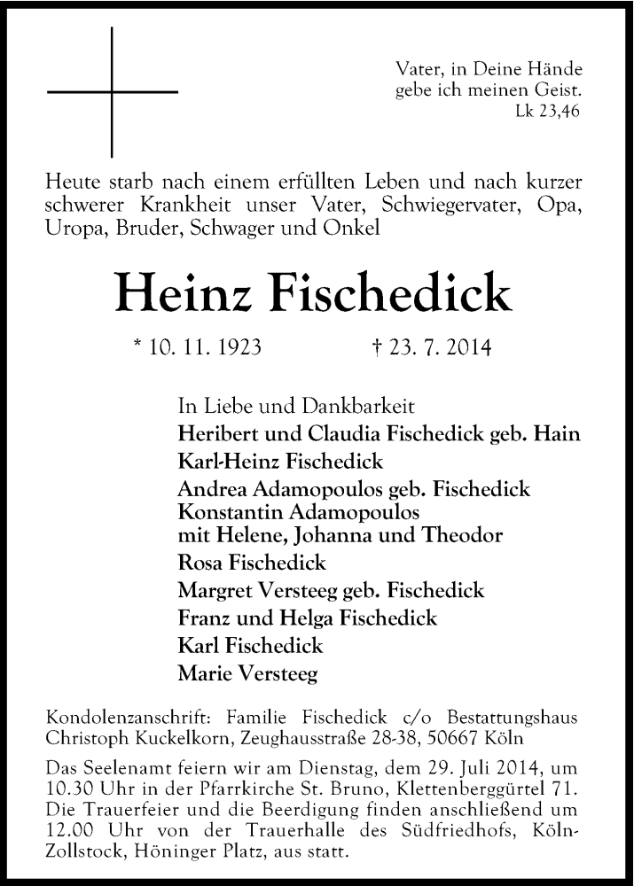  Traueranzeige für Heinz Fischedick vom 26.07.2014 aus Kölner Stadt-Anzeiger / Kölnische Rundschau / Express