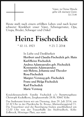 Anzeige von Heinz Fischedick von Kölner Stadt-Anzeiger / Kölnische Rundschau / Express