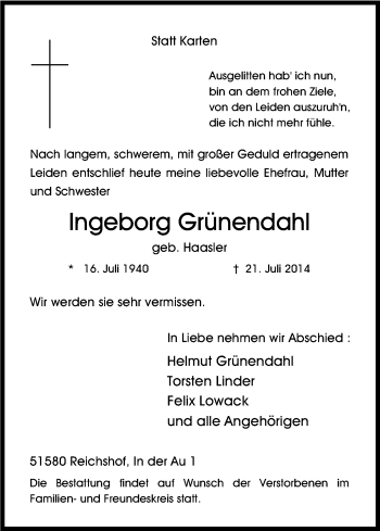 Anzeige von Ingeborg Grünendahl von Kölner Stadt-Anzeiger / Kölnische Rundschau / Express