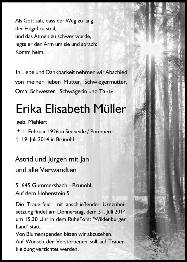  Traueranzeige für Erika Elisabeth Müller vom 25.07.2014 aus Kölner Stadt-Anzeiger / Kölnische Rundschau / Express