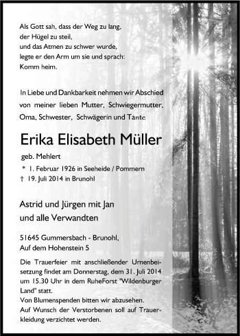 Anzeige von Erika Elisabeth Müller von Kölner Stadt-Anzeiger / Kölnische Rundschau / Express
