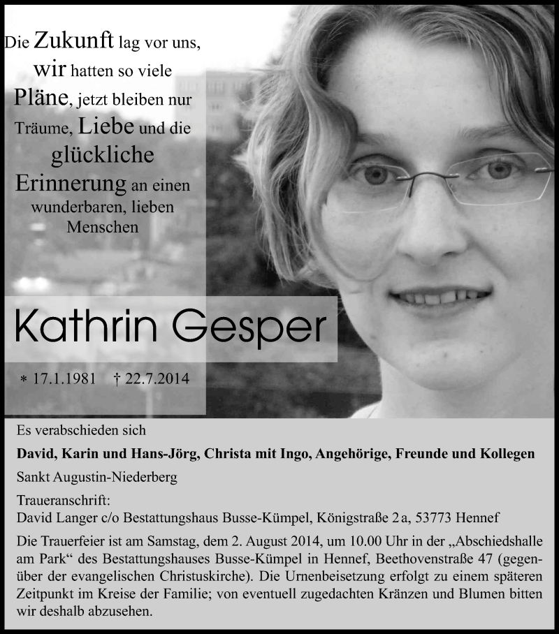  Traueranzeige für Kathrin Gesper vom 26.07.2014 aus Kölner Stadt-Anzeiger / Kölnische Rundschau / Express