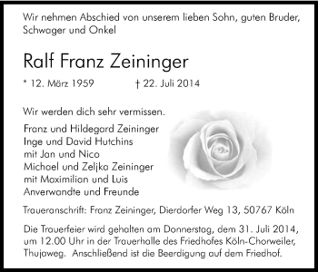 Anzeige von Ralf Franz Zeiniger von Kölner Stadt-Anzeiger / Kölnische Rundschau / Express