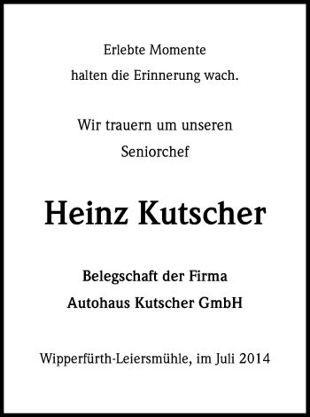 Anzeige von Heinz Kutscher von Kölner Stadt-Anzeiger / Kölnische Rundschau / Express