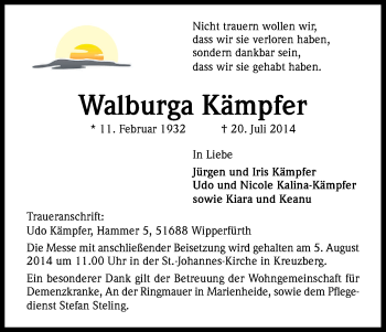 Anzeige von Walburga Kämpfer von Kölner Stadt-Anzeiger / Kölnische Rundschau / Express