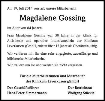 Anzeige von Magdalene Gossing von Kölner Stadt-Anzeiger / Kölnische Rundschau / Express