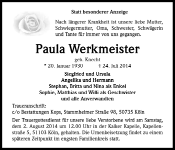 Anzeige von Paula Werkmeister von Kölner Stadt-Anzeiger / Kölnische Rundschau / Express