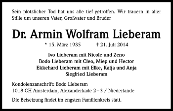 Anzeige von Armin Wolfram Lieberam von Kölner Stadt-Anzeiger / Kölnische Rundschau / Express