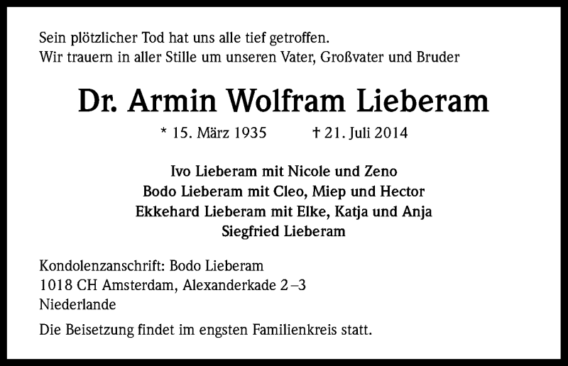  Traueranzeige für Armin Wolfram Lieberam vom 26.07.2014 aus Kölner Stadt-Anzeiger / Kölnische Rundschau / Express