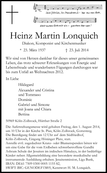 Anzeige von Heinz-Martin Lonquich von Kölner Stadt-Anzeiger / Kölnische Rundschau / Express