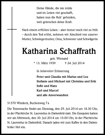 Anzeige von Katharina Schaffrath von Kölner Stadt-Anzeiger / Kölnische Rundschau / Express