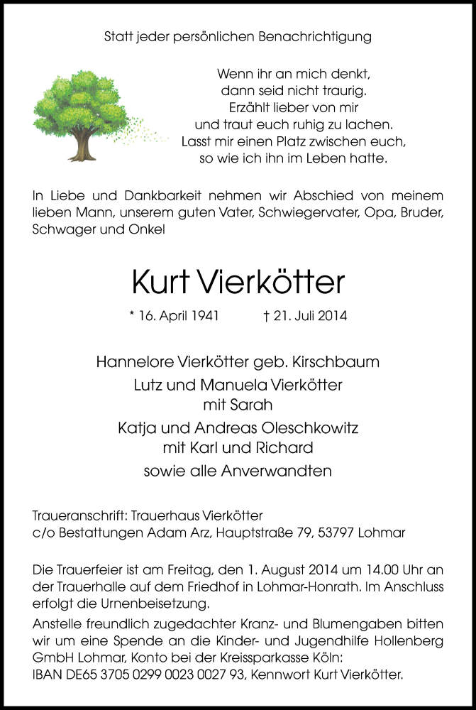 Traueranzeige für Kurt Vierkötter vom 29.07.2014 aus Kölner Stadt-Anzeiger / Kölnische Rundschau / Express