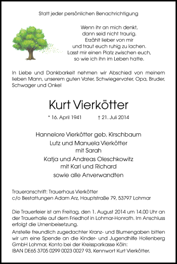 Anzeige von Kurt Vierkötter von Kölner Stadt-Anzeiger / Kölnische Rundschau / Express