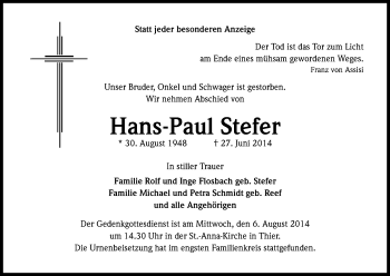 Anzeige von Hans-Paul Stefer von Kölner Stadt-Anzeiger / Kölnische Rundschau / Express