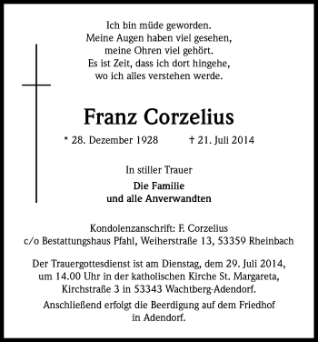 Anzeige von Franz Corzelius von Kölner Stadt-Anzeiger / Kölnische Rundschau / Express