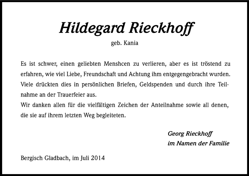  Traueranzeige für Hildegard Rieckhoff vom 02.08.2014 aus Kölner Stadt-Anzeiger / Kölnische Rundschau / Express