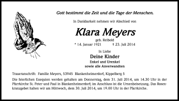 Anzeige von Klara Meyers von Kölner Stadt-Anzeiger / Kölnische Rundschau / Express