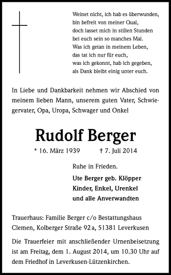 Anzeige von Rudolf Berger von Kölner Stadt-Anzeiger / Kölnische Rundschau / Express
