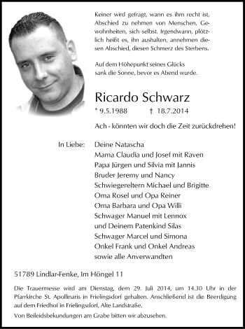 Anzeige von Ricardo Schwarz von Kölner Stadt-Anzeiger / Kölnische Rundschau / Express