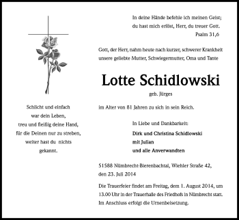 Anzeige von Lotte Schidlowski von Kölner Stadt-Anzeiger / Kölnische Rundschau / Express