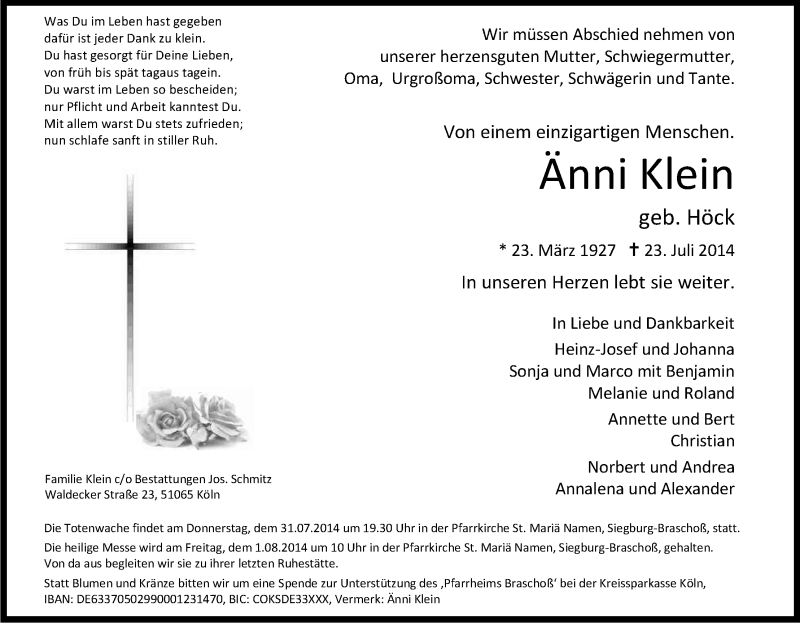  Traueranzeige für Änni Klein vom 26.07.2014 aus Kölner Stadt-Anzeiger / Kölnische Rundschau / Express