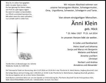 Anzeige von Änni Klein von Kölner Stadt-Anzeiger / Kölnische Rundschau / Express