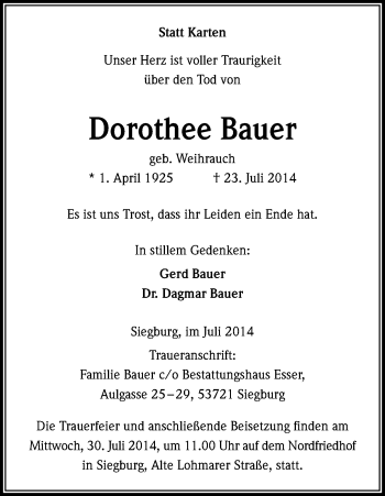 Anzeige von Dorothee Bauer von Kölner Stadt-Anzeiger / Kölnische Rundschau / Express