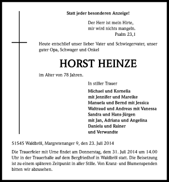 Anzeige von Horst Heinze von Kölner Stadt-Anzeiger / Kölnische Rundschau / Express